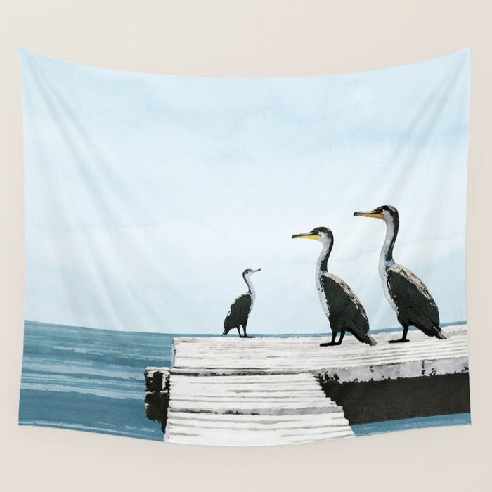 Cormorants on a Pier Watercolor Illustration Wall Tapestry Gallery Image 4