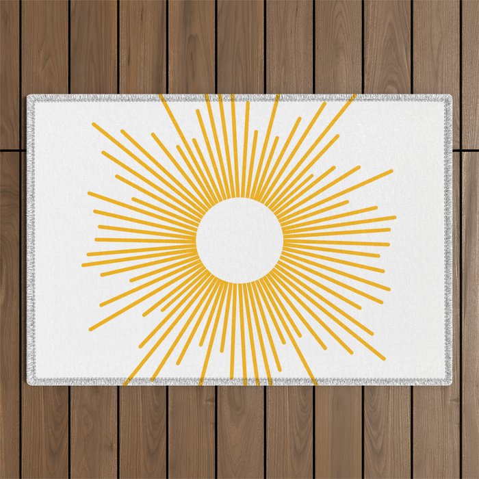 Retro Minimalist Sunburst Sun in White and Mustard Yellow Outdoor Rug Gallery Image 1