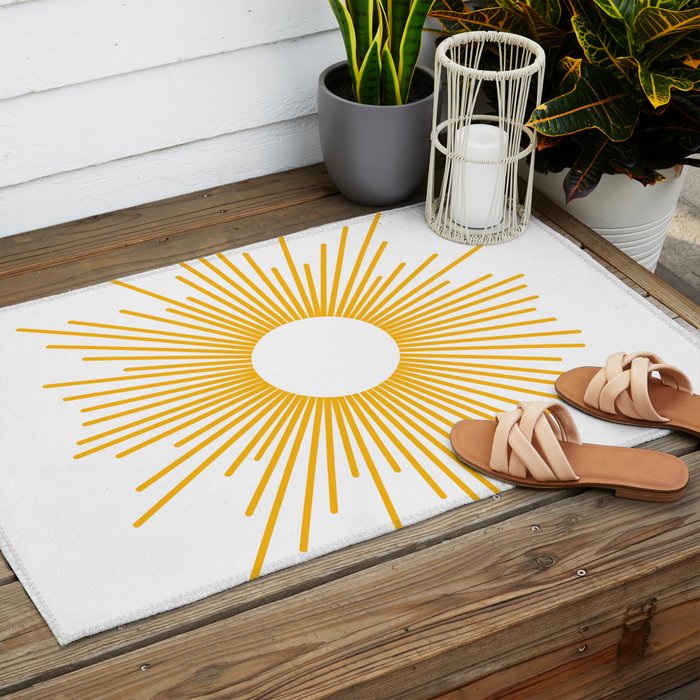 Retro Minimalist Sunburst Sun in White and Mustard Yellow Outdoor Rug Gallery Image 2