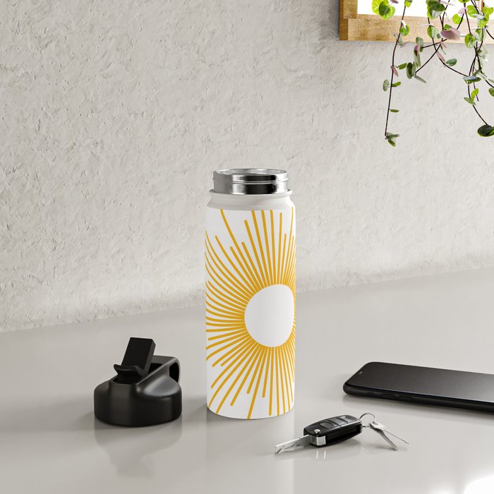 Retro Minimalist Sunburst Sun in White and Mustard Yellow Water Bottle Gallery Image 4
