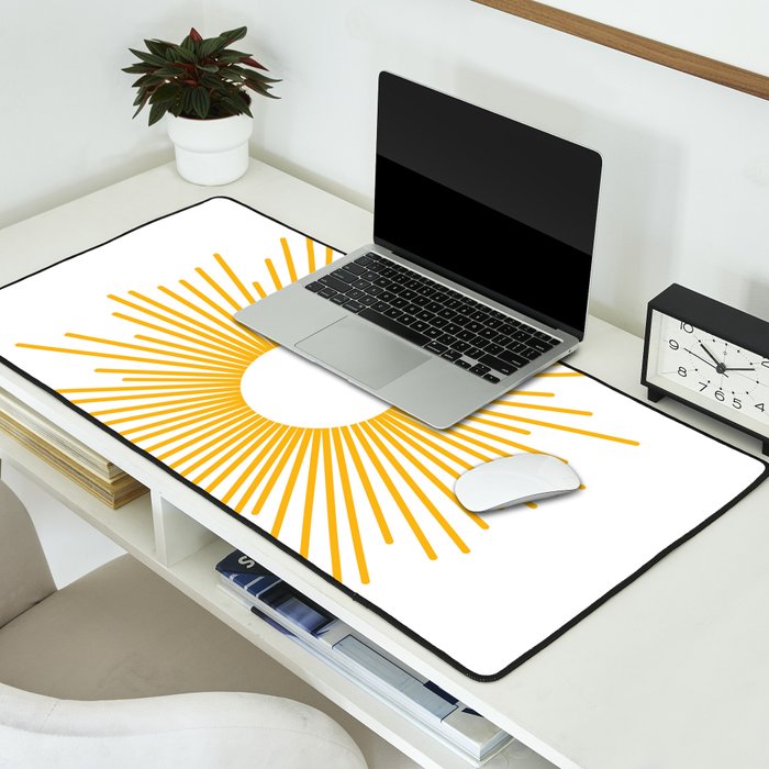 Retro Minimalist Sunburst Sun in White and Mustard Yellow Desk Mat Gallery Image 2