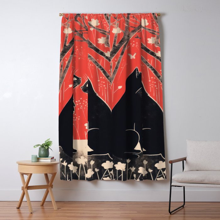 Forest Blossom Black Cat Pair Window Curtain Gallery Image 1