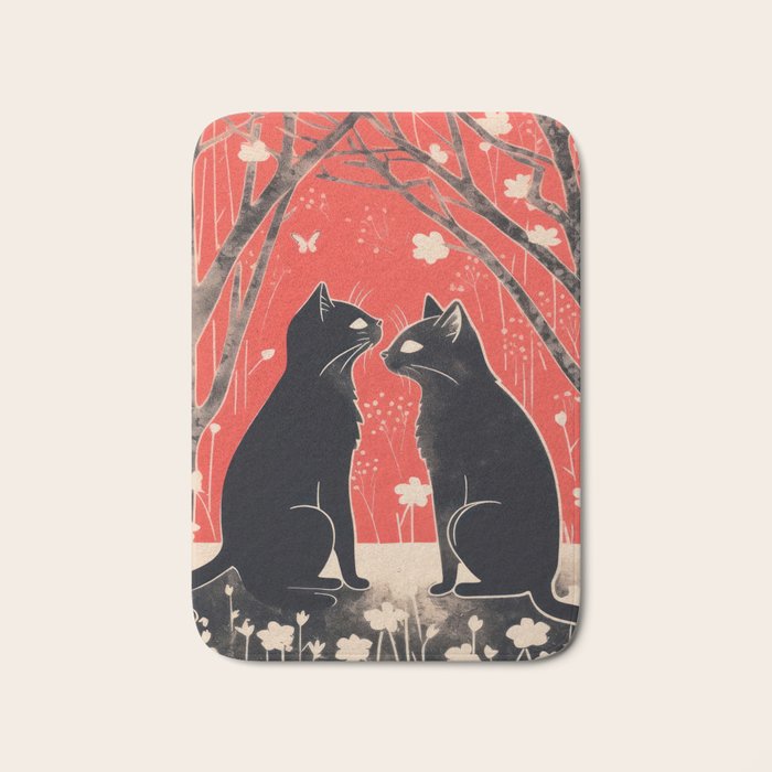 Forest Blossom Black Cat Pair Bath Mat Gallery Image 1