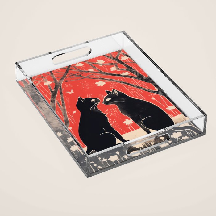 Forest Blossom Black Cat Pair Acrylic Tray Gallery Image 1