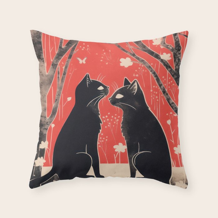 Forest Blossom Black Cat Pair Throw Pillow Gallery Image 6
