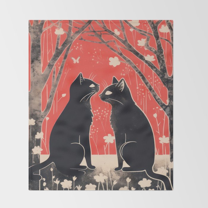 Forest Blossom Black Cat Pair Throw Blanket Gallery Image 2