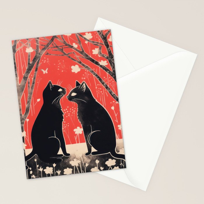 Forest Blossom Black Cat Pair Stationery Card Gallery Image 2