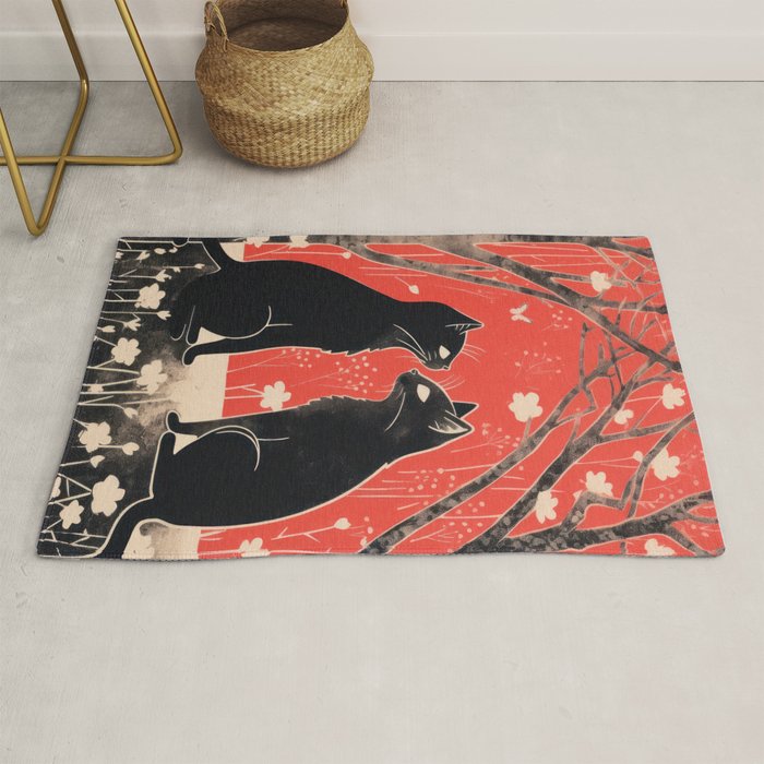 Forest Blossom Black Cat Pair Rug Gallery Image 1