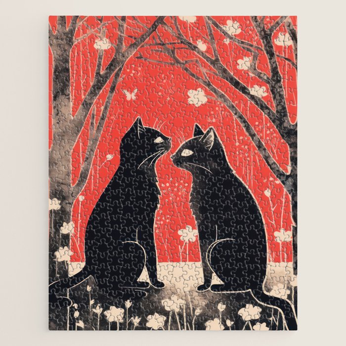 Forest Blossom Black Cat Pair Jigsaw Puzzle Gallery Image 1