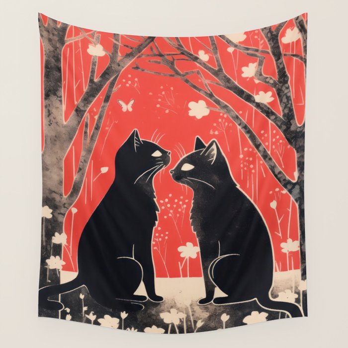 Forest Blossom Black Cat Pair Wall Tapestry Gallery Image 4
