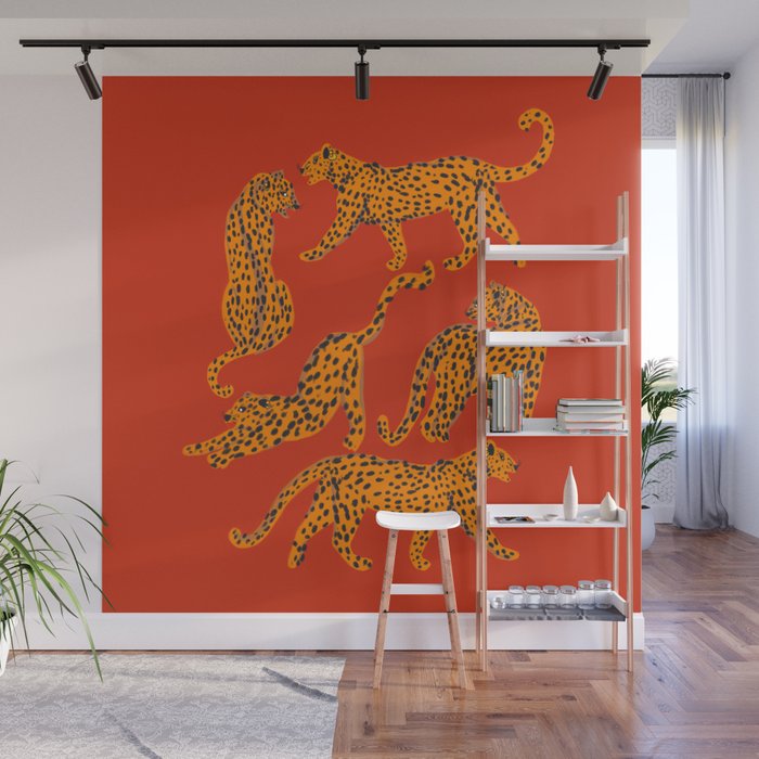 Abstract modern cats with red lips and earnings  Wall Mural Gallery Image 1