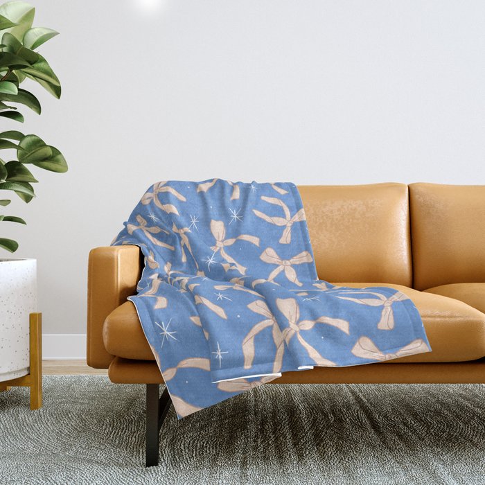 Cream Festive Bows On Blue Throw Blanket Gallery Image 1
