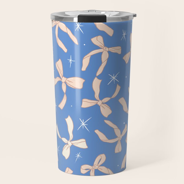 Cream Festive Bows On Blue Travel Mug Gallery Image 1