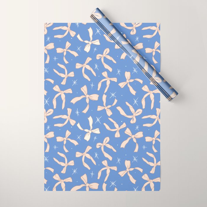 Cream Festive Bows On Blue Wrapping Paper Gallery Image 1
