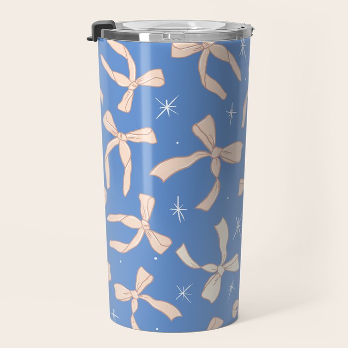Cream Festive Bows On Blue Travel Mug Gallery Image 3