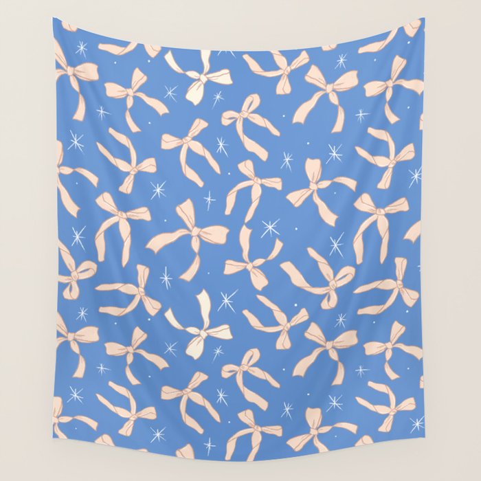 Cream Festive Bows On Blue Wall Tapestry Gallery Image 4