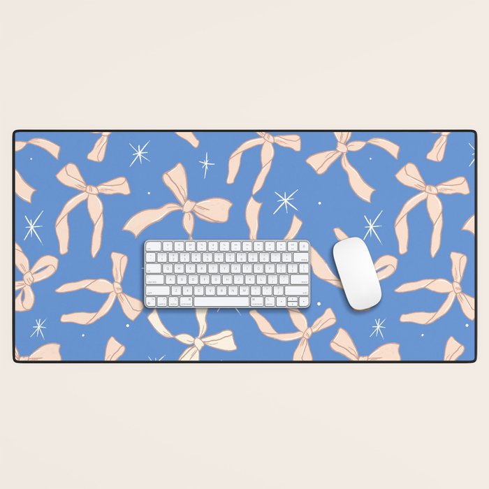 Cream Festive Bows On Blue Desk Mat Gallery Image 1