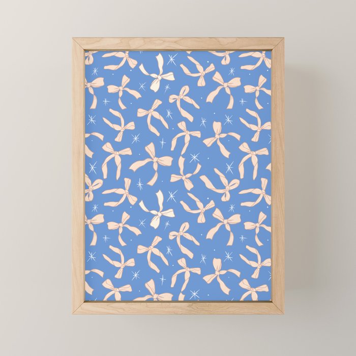 Cream Festive Bows On Blue Mini Art Print Gallery Image 1