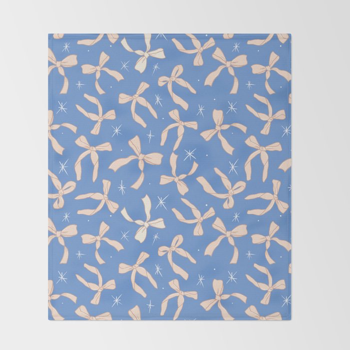 Cream Festive Bows On Blue Throw Blanket Gallery Image 2