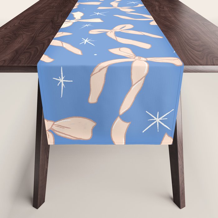 Cream Festive Bows On Blue Table Runner Gallery Image 1