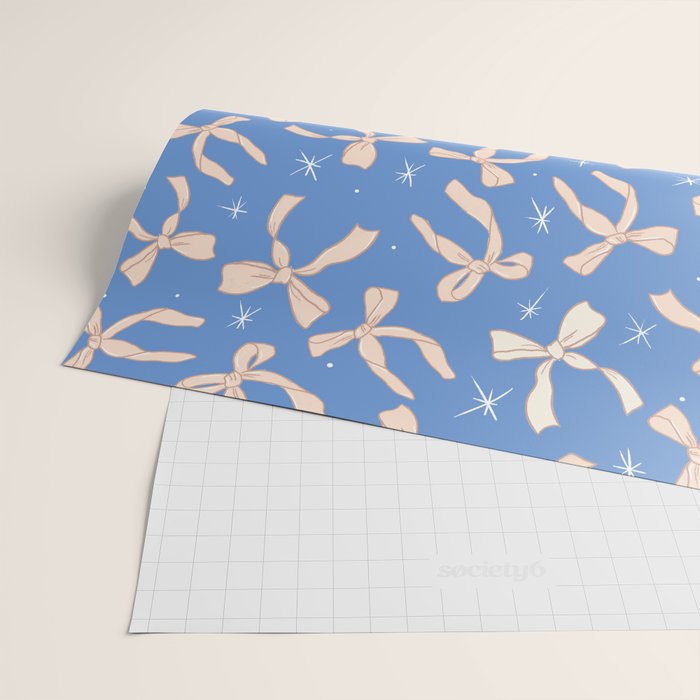 Cream Festive Bows On Blue Wrapping Paper Gallery Image 2