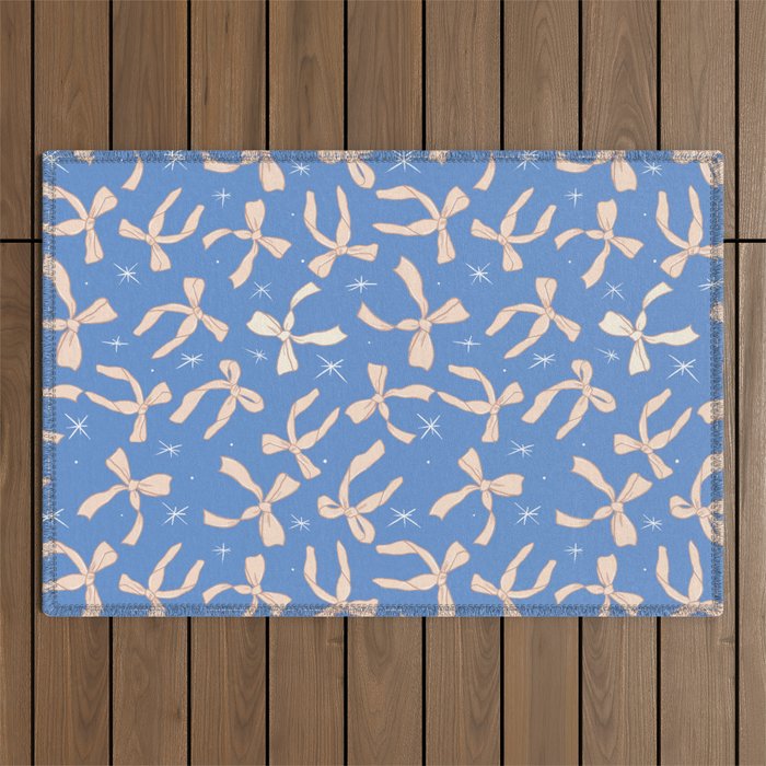 Cream Festive Bows On Blue Outdoor Rug Gallery Image 1