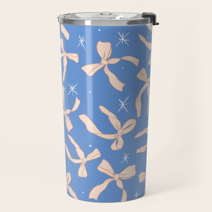 Cream Festive Bows On Blue Travel Mug Gallery Image 2
