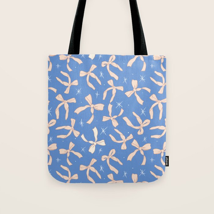 Cream Festive Bows On Blue Tote Bag Gallery Image 1
