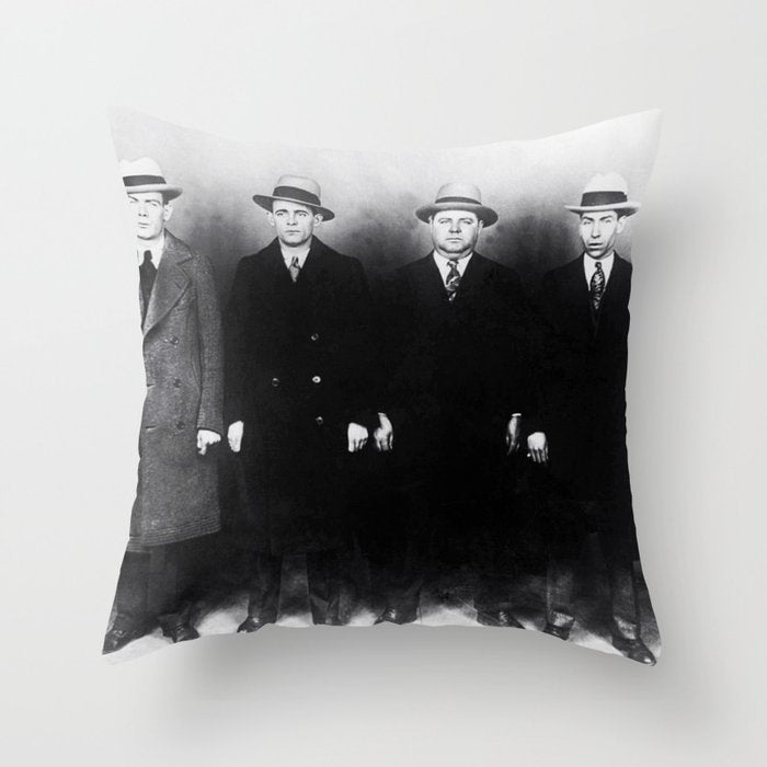 The Syndicate - 'Lucky' Luciano & New York gangsters Ed Diamond, Jack Diamond, & Fatty Walsh black and white photography / photographs Throw Pillow Gallery Image 1