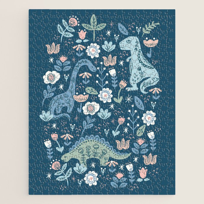 Folk Dinosaurs in Blue Jigsaw Puzzle Gallery Image 1