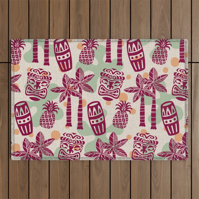 Retro Mid Century Modern Tiki Pattern 540 Red Green Orange and Beige Outdoor Rug Gallery Image 1