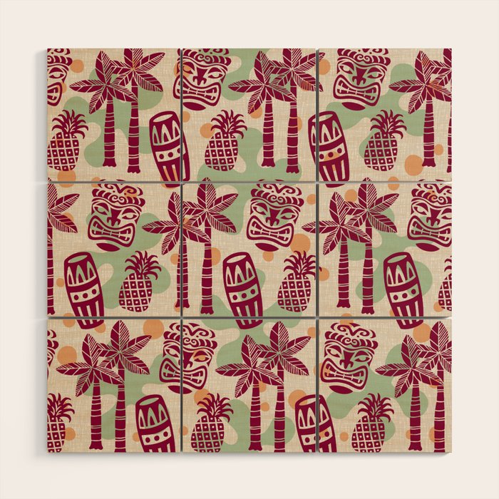 Retro Mid Century Modern Tiki Pattern 540 Red Green Orange and Beige Wood Wall Art Gallery Image 1