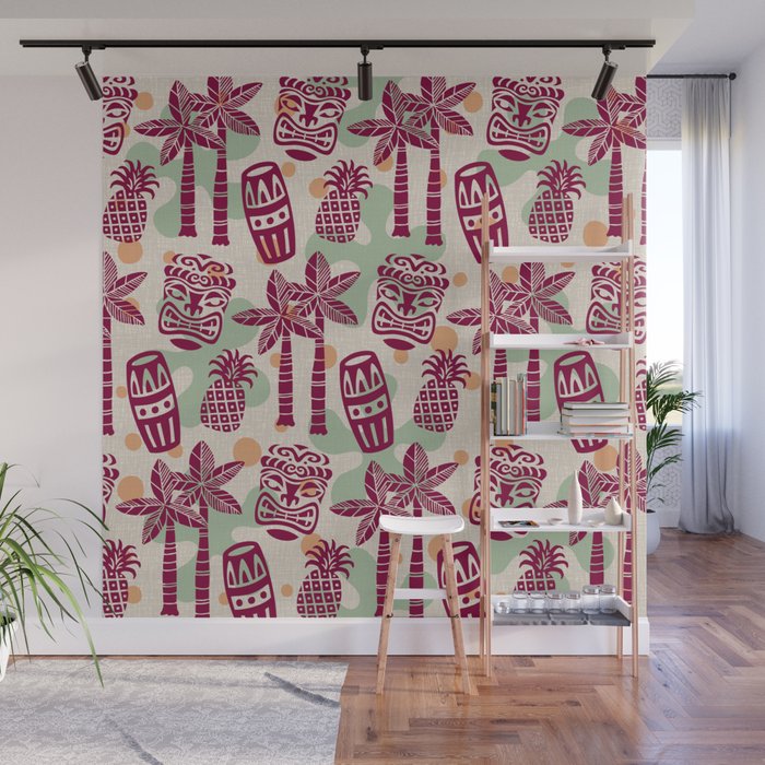 Retro Mid Century Modern Tiki Pattern 540 Red Green Orange and Beige Wall Mural Gallery Image 1