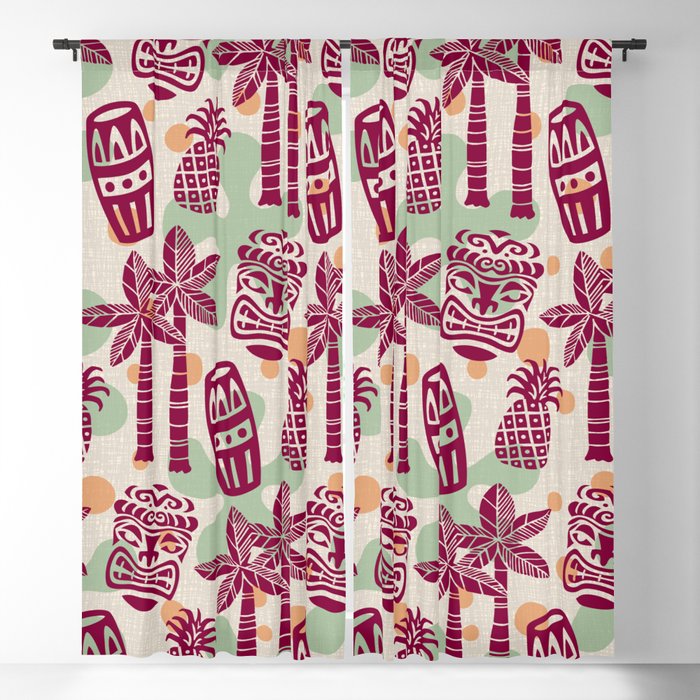 Retro Mid Century Modern Tiki Pattern 540 Red Green Orange and Beige Window Curtain Gallery Image 1