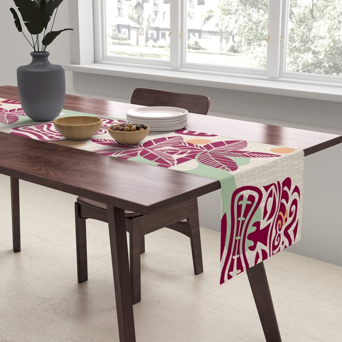Retro Mid Century Modern Tiki Pattern 540 Red Green Orange and Beige Table Runner Gallery Image 2
