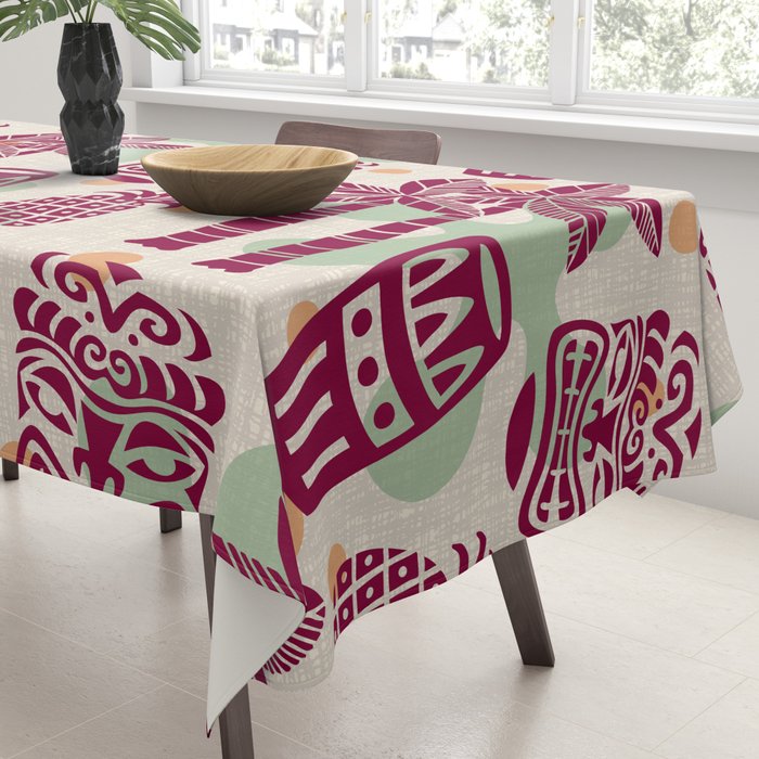 Retro Mid Century Modern Tiki Pattern 540 Red Green Orange and Beige Tablecloth Gallery Image 3