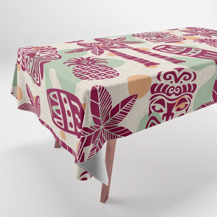 Retro Mid Century Modern Tiki Pattern 540 Red Green Orange and Beige Tablecloth Gallery Image 1
