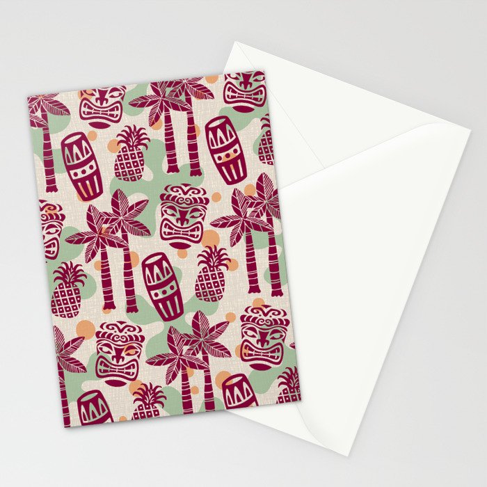 Retro Mid Century Modern Tiki Pattern 540 Red Green Orange and Beige Stationery Card Gallery Image 2