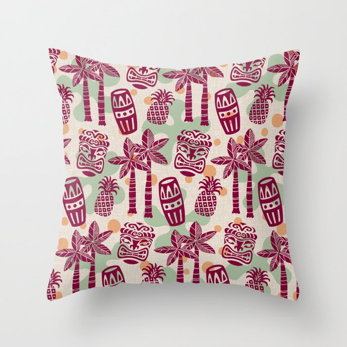Retro Mid Century Modern Tiki Pattern 540 Red Green Orange and Beige Throw Pillow Gallery Image 1