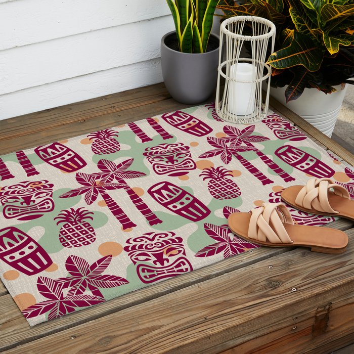 Retro Mid Century Modern Tiki Pattern 540 Red Green Orange and Beige Outdoor Rug Gallery Image 2