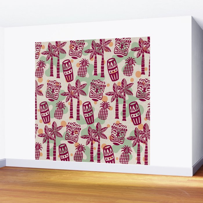 Retro Mid Century Modern Tiki Pattern 540 Red Green Orange and Beige Wall Mural Gallery Image 2