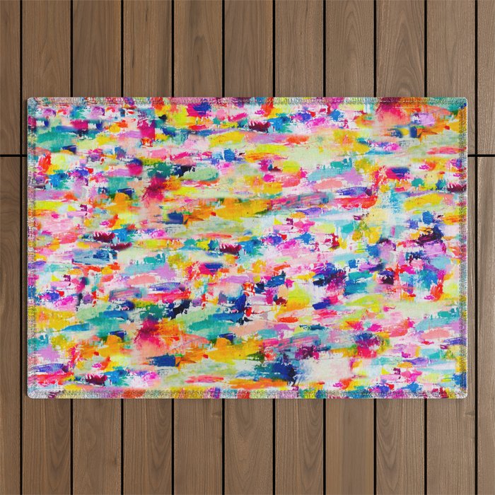 Bright Colorful Abstract Painting in Neons and Pastels Outdoor Rug Gallery Image 1