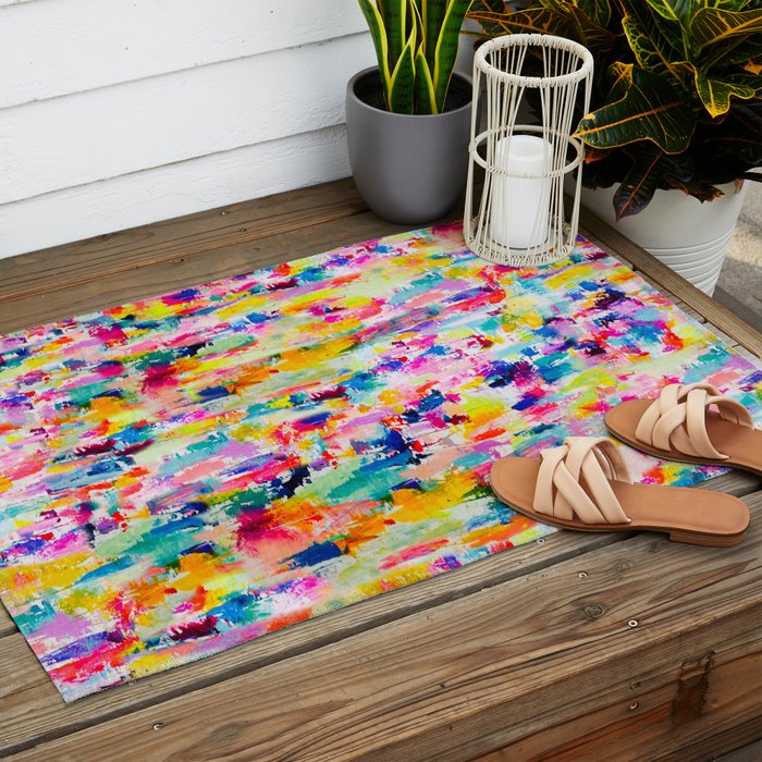 Bright Colorful Abstract Painting in Neons and Pastels Outdoor Rug Gallery Image 2
