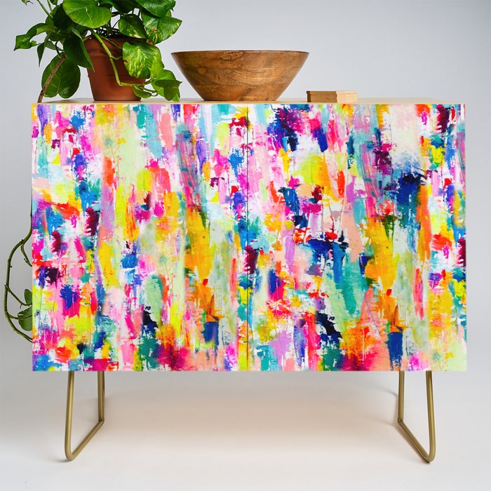 Bright Colorful Abstract Painting in Neons and Pastels Credenza Gallery Image 1