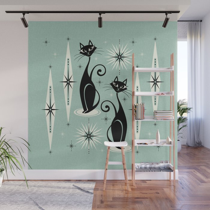Mid Century Meow Retro Atomic Cats Mint Wall Mural Gallery Image 1