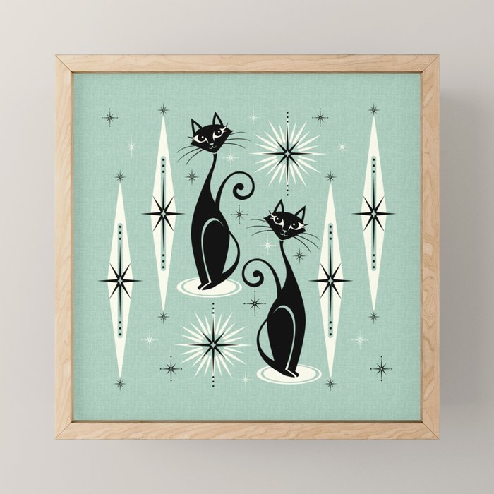 Mid Century Meow Retro Atomic Cats Mint Mini Art Print Gallery Image 1