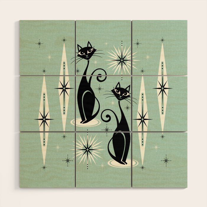 Mid Century Meow Retro Atomic Cats Mint Wood Wall Art Gallery Image 1