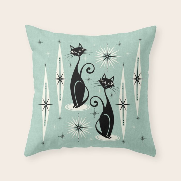 Mid Century Meow Retro Atomic Cats Mint Throw Pillow Gallery Image 6
