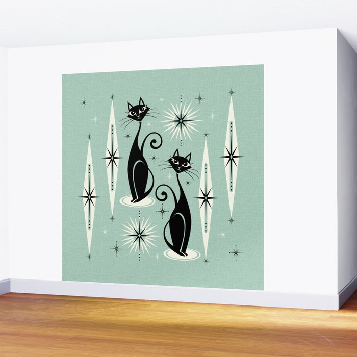 Mid Century Meow Retro Atomic Cats Mint Wall Mural Gallery Image 2