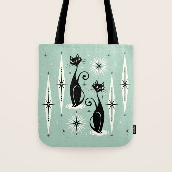 Mid Century Meow Retro Atomic Cats Mint Tote Bag Gallery Image 1